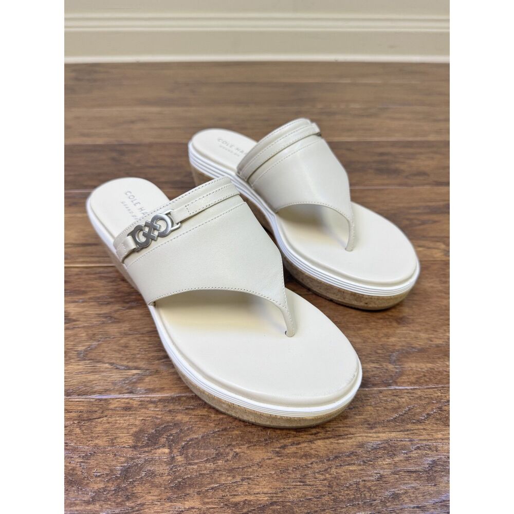 COLE HAAN Lindy Grand Thong II Cork Wedge Sandshell Ivory, Sz 7.5